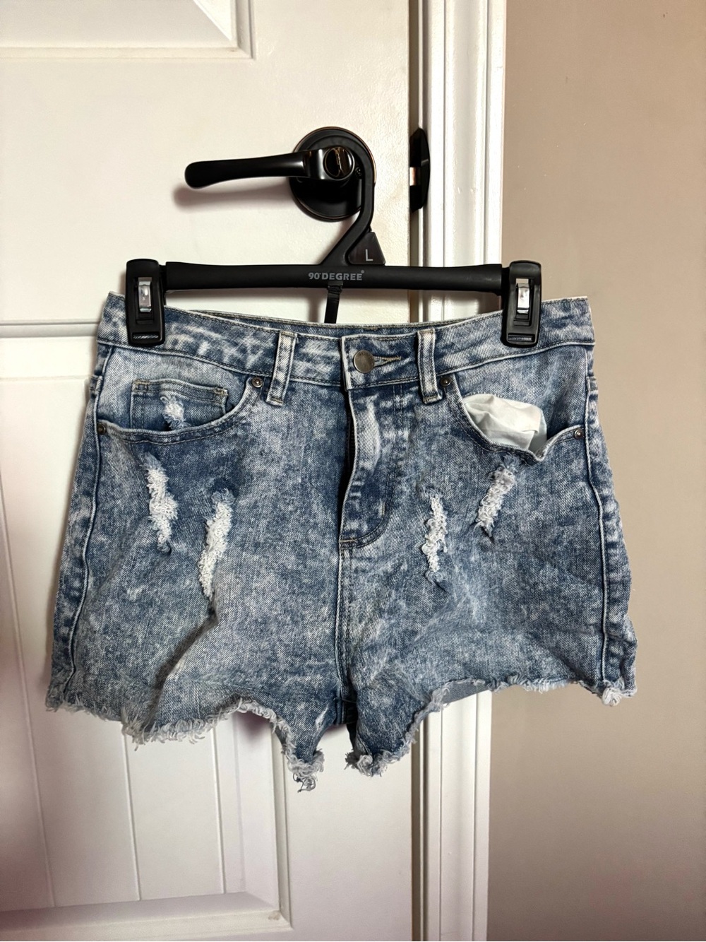 High-Rise Distressed Acid Wash Denim Shorts - Blue